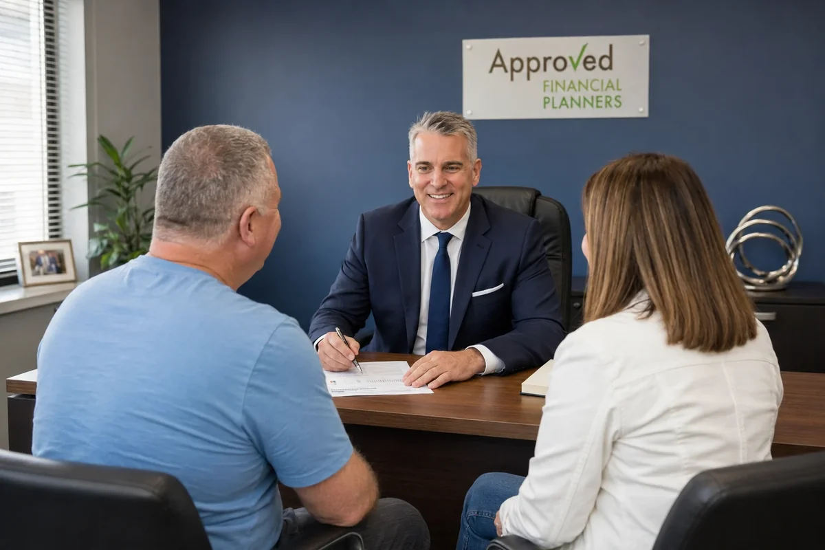 An adviser meeting with two clients in the Approved Financial Planners office